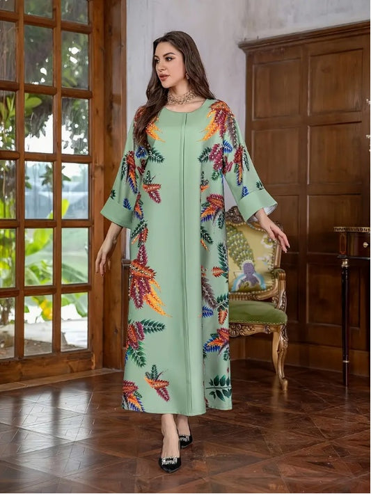 Elegant Floral Print Long Sleeve Abaya Dress