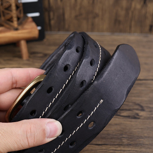 Retro Personalized Double Needle Brass Buckle First Layer Cowhide Stitching Men's Leather Belt