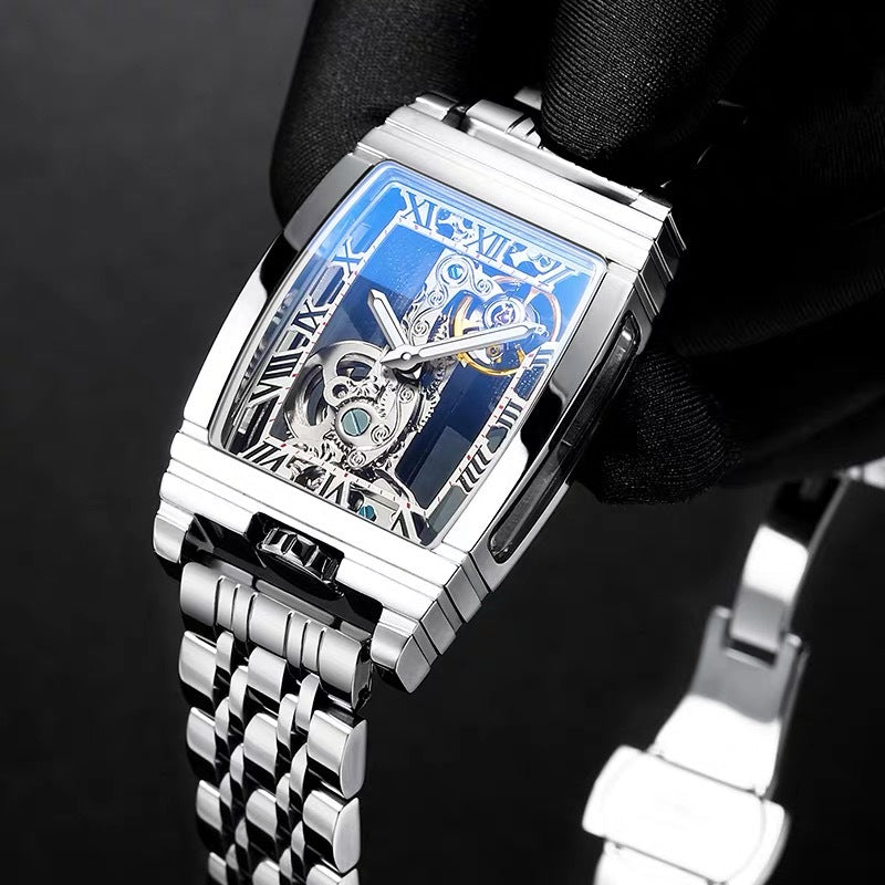Square Mechanical Watch with Leather or Steel Strap