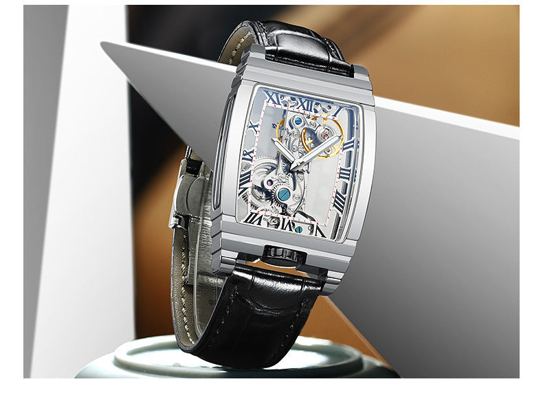 Square Mechanical Watch with Leather or Steel Strap