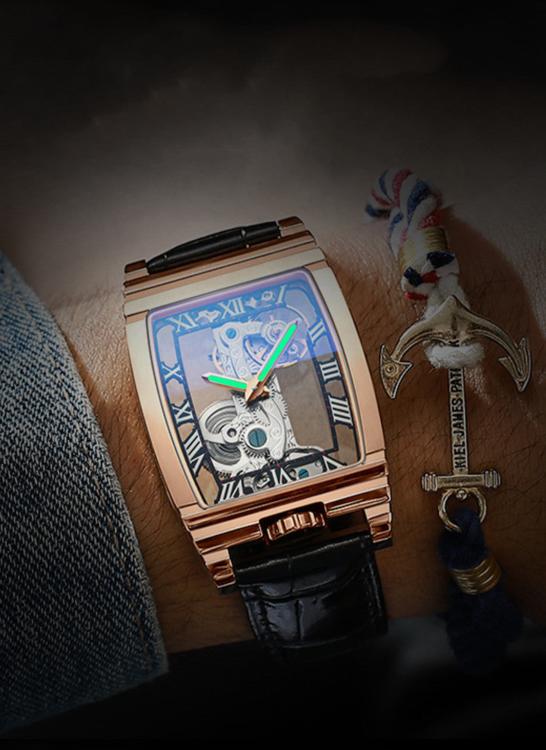 Square Mechanical Watch with Leather or Steel Strap