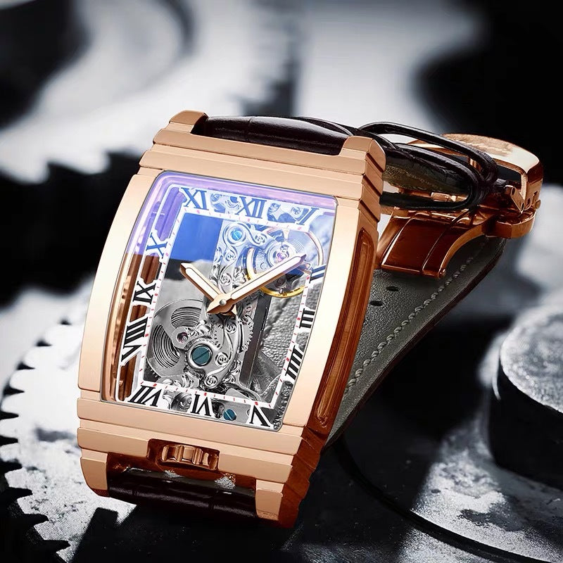 Square Mechanical Watch with Leather or Steel Strap