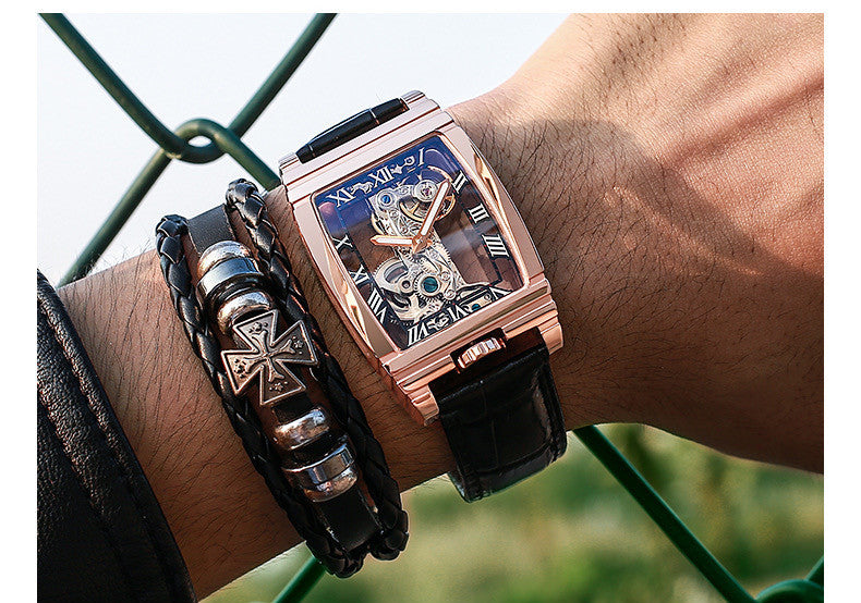 Square Mechanical Watch with Leather or Steel Strap