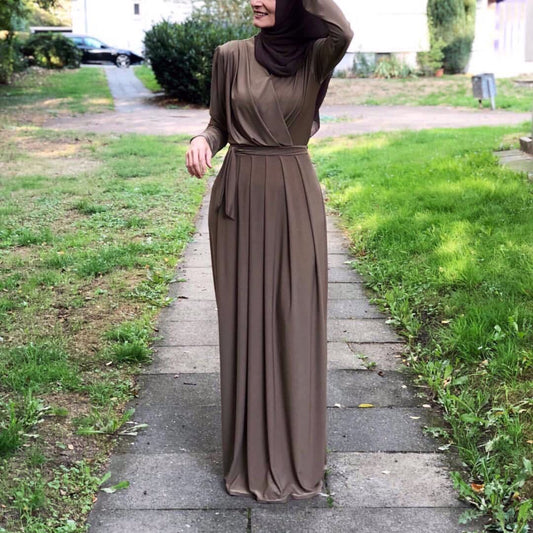 Elegant V-Neck Floor-Length Abaya Dress with Folds