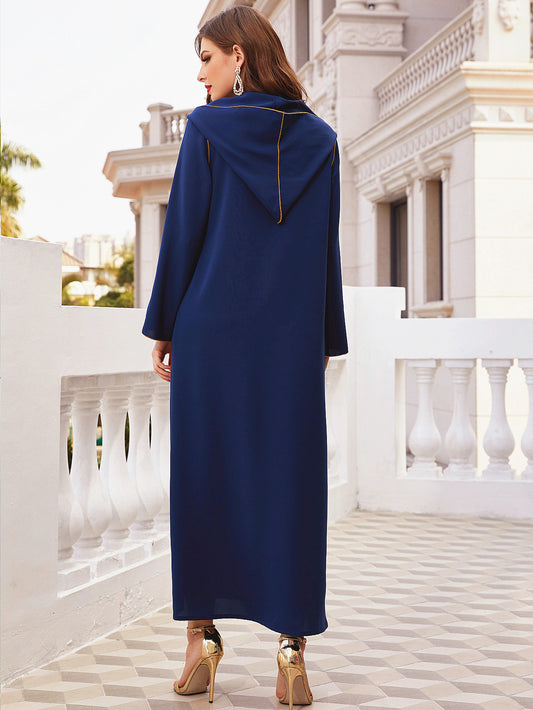 Navy Gold-Rimmed Hooded Robe Abaya for Women