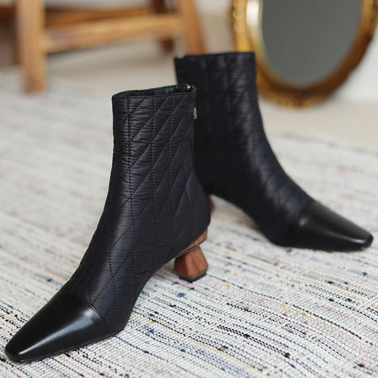 Shaped thick heel color matching short boots