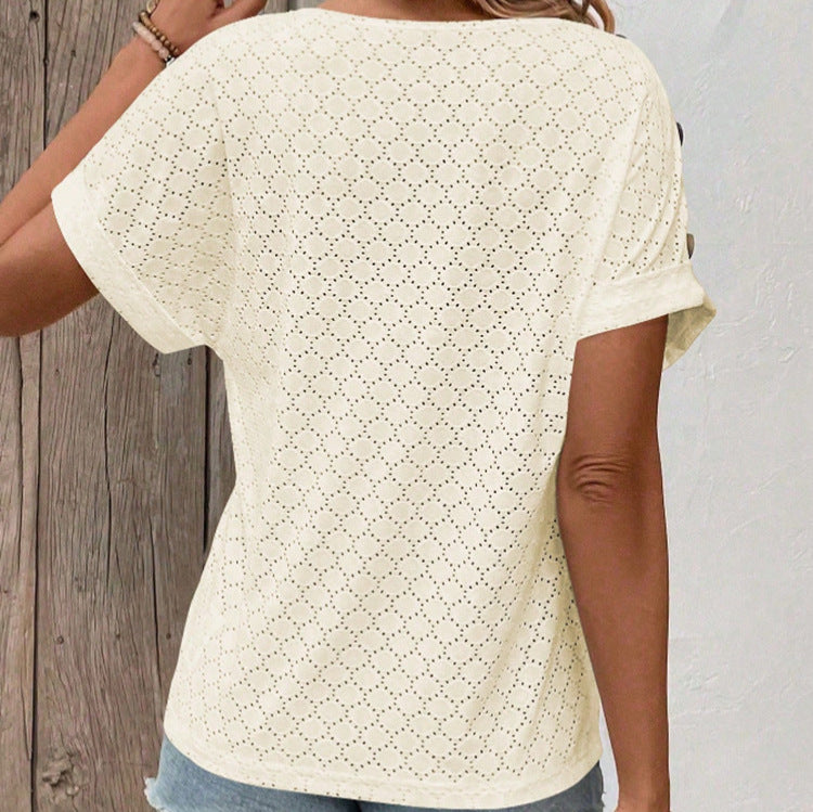 Button Solid Color Circle Loose Short Sleeve T-shirt For Women