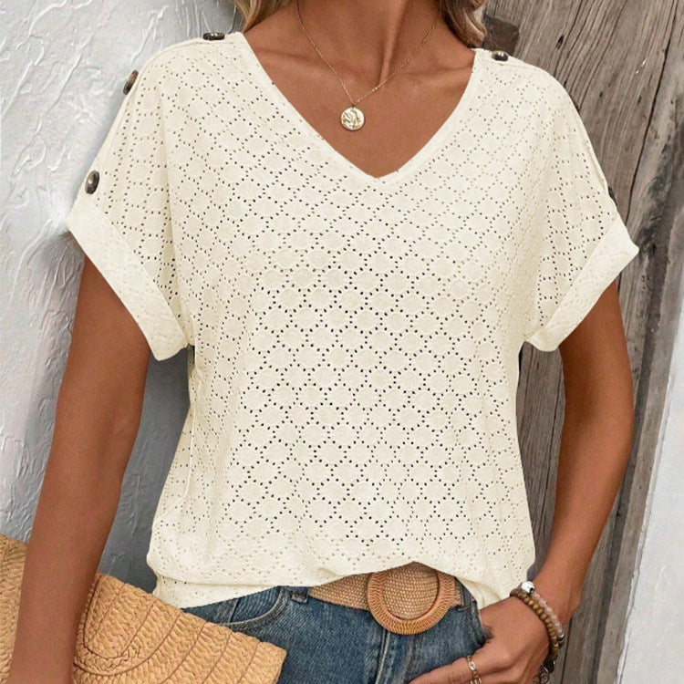 Button Solid Color Circle Loose Short Sleeve T-shirt For Women