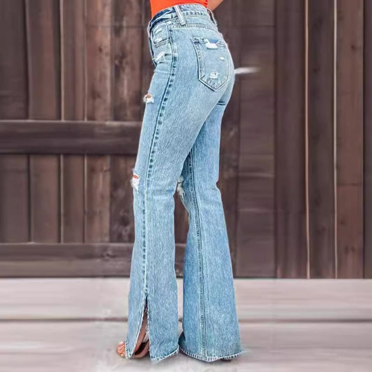 Ladies European & American Style Light Blue High/Mid Waist Jeans