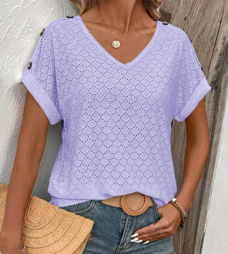 Button Solid Color Circle Loose Short Sleeve T-shirt For Women