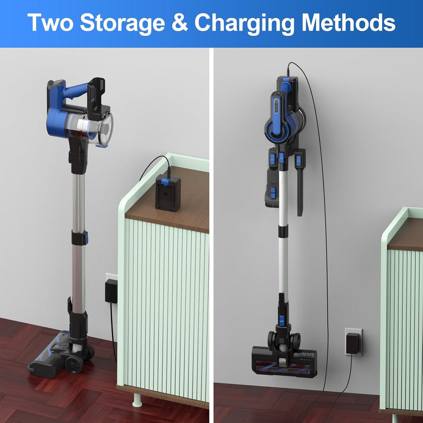Cordless Vacuum Cleaner, 45Kpa 550W Powerful Stick Vacuum, 8 in 1 Self-Standing Rechargeable Battery Up to 60min Runtime, Lightweight Cordless Vacuum for Pet Hair Hard Floor Carpet Home-Blue
