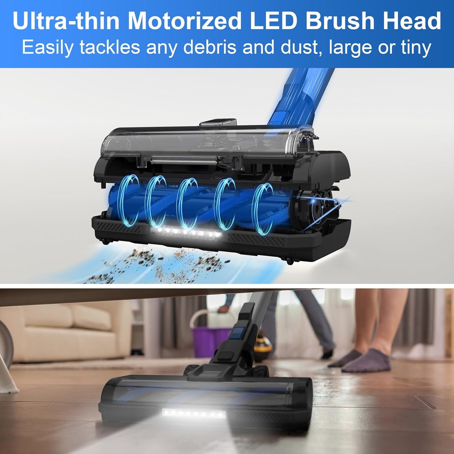 Cordless Vacuum Cleaner, 45Kpa 550W Powerful Stick Vacuum, 8 in 1 Self-Standing Rechargeable Battery Up to 60min Runtime, Lightweight Cordless Vacuum for Pet Hair Hard Floor Carpet Home-Blue