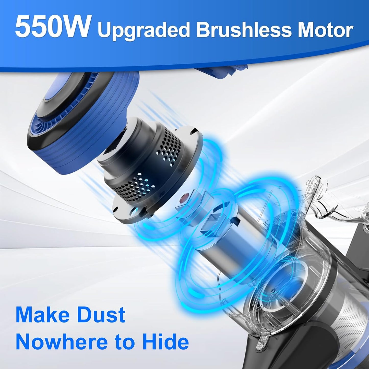 Cordless Vacuum Cleaner, 45Kpa 550W Powerful Stick Vacuum, 8 in 1 Self-Standing Rechargeable Battery Up to 60min Runtime, Lightweight Cordless Vacuum for Pet Hair Hard Floor Carpet Home-Blue