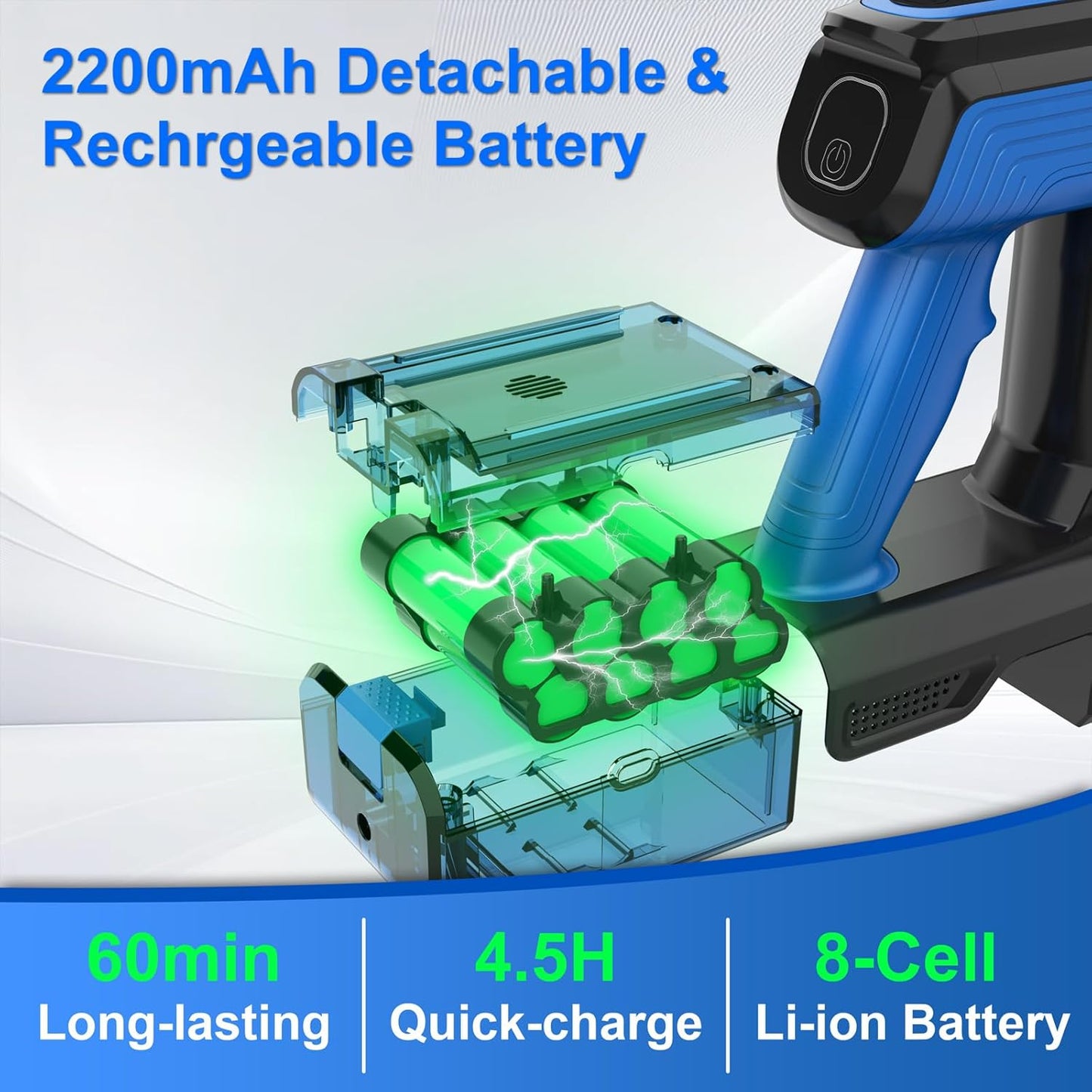 Cordless Vacuum Cleaner, 45Kpa 550W Powerful Stick Vacuum, 8 in 1 Self-Standing Rechargeable Battery Up to 60min Runtime, Lightweight Cordless Vacuum for Pet Hair Hard Floor Carpet Home-Blue