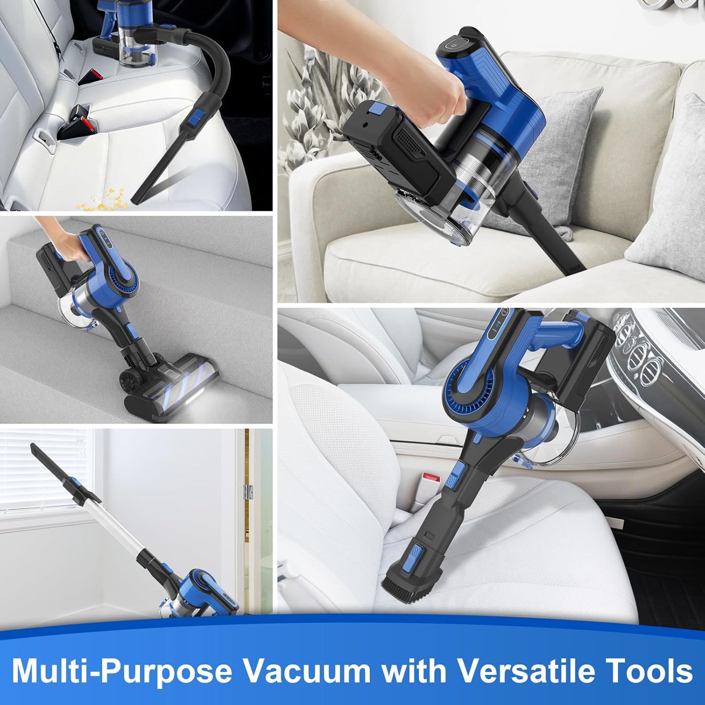 Cordless Vacuum Cleaner, 45Kpa 550W Powerful Stick Vacuum, 8 in 1 Self-Standing Rechargeable Battery Up to 60min Runtime, Lightweight Cordless Vacuum for Pet Hair Hard Floor Carpet Home-Blue