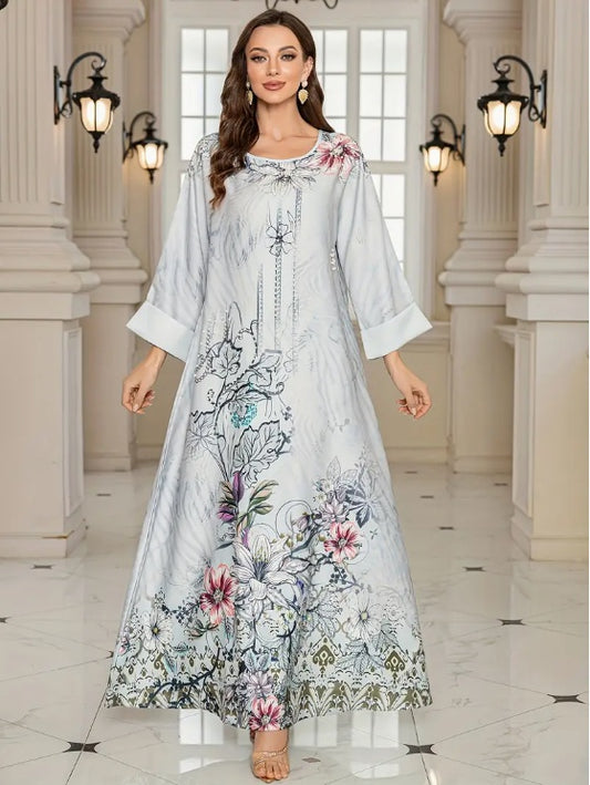Elegant Floral Print Long Sleeve Abaya Dress