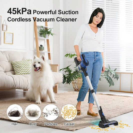 Cordless Vacuum Cleaner, 45Kpa 550W Powerful Stick Vacuum, 8 in 1 Self-Standing Rechargeable Battery Up to 60min Runtime, Lightweight Cordless Vacuum for Pet Hair Hard Floor Carpet Home-Blue