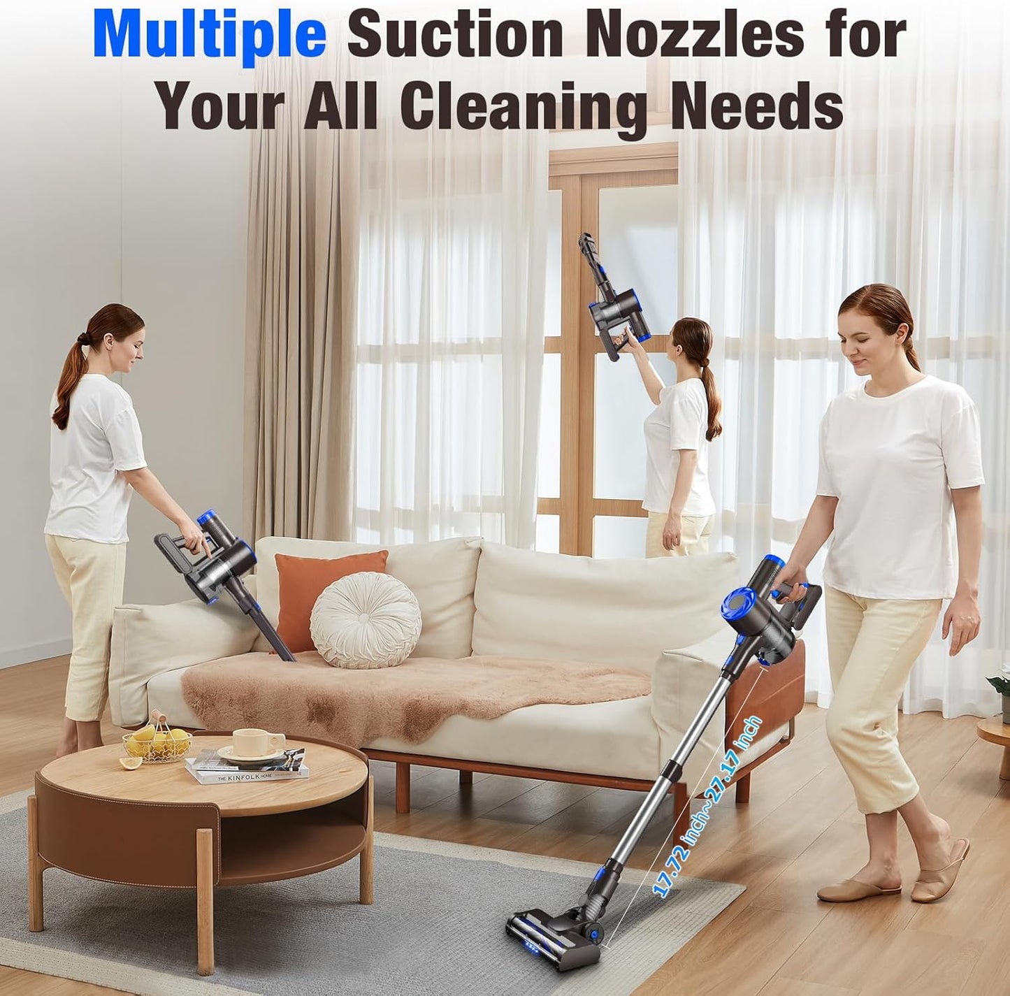 Cordless Vacuum Cleaner, Super Power Suction Stick Vacuum Cleaners with 2200 mAh Battery,8-in-1 Lightweight Self-Standing, 35 Mins Runtime for Home Hard Floor Low-Pile Carpet Pet Hair