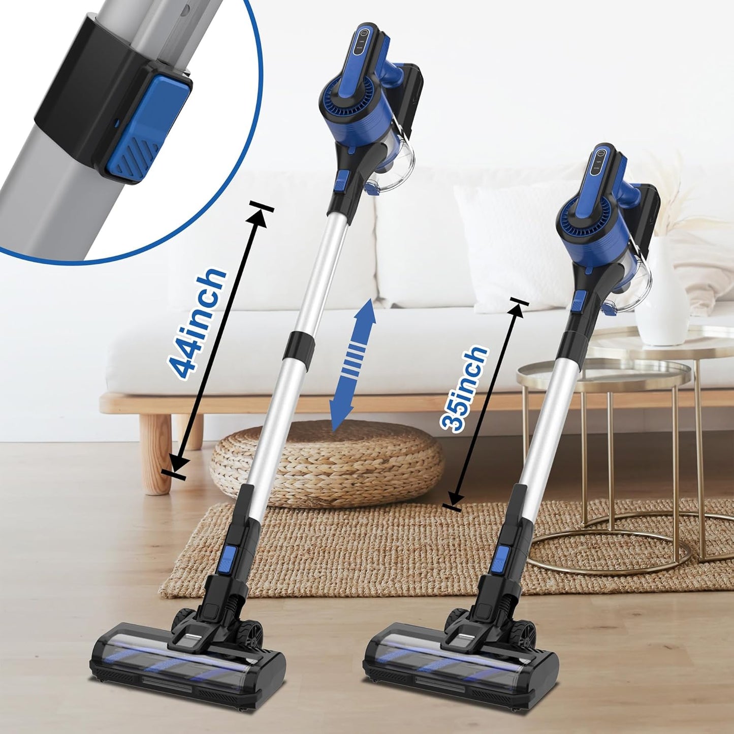 Cordless Vacuum Cleaner, 45Kpa 550W Powerful Stick Vacuum, 8 in 1 Self-Standing Rechargeable Battery Up to 60min Runtime, Lightweight Cordless Vacuum for Pet Hair Hard Floor Carpet Home-Blue