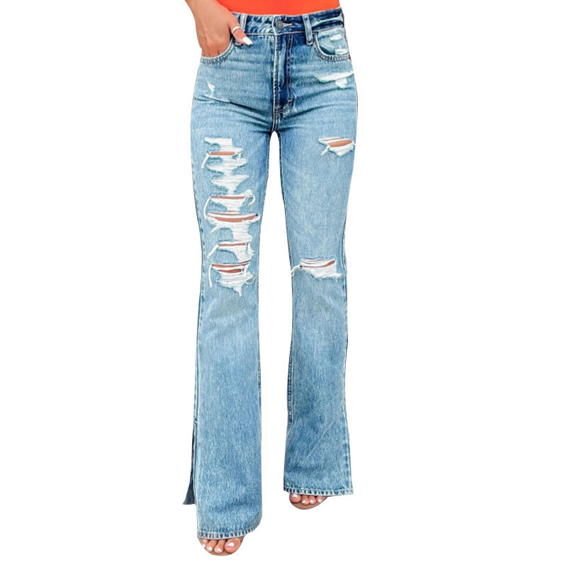 Ladies European & American Style Light Blue High/Mid Waist Jeans