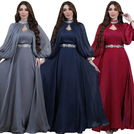 Women's Two-piece Hot Drilling Bright Silk Satin Robe Abaya