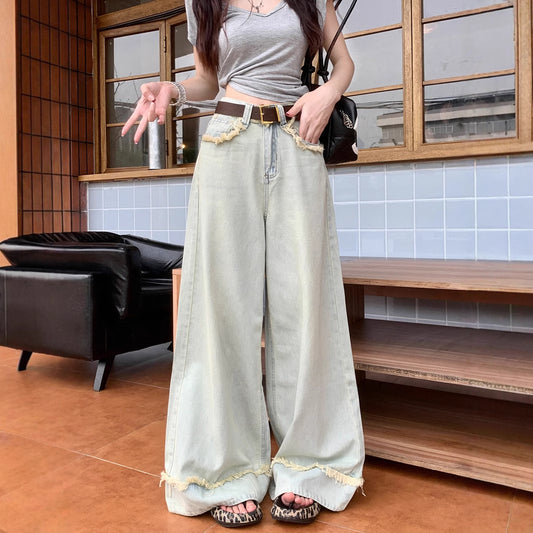 Mid Waist Straight-Leg Wide Leg Denim Jeans for Women