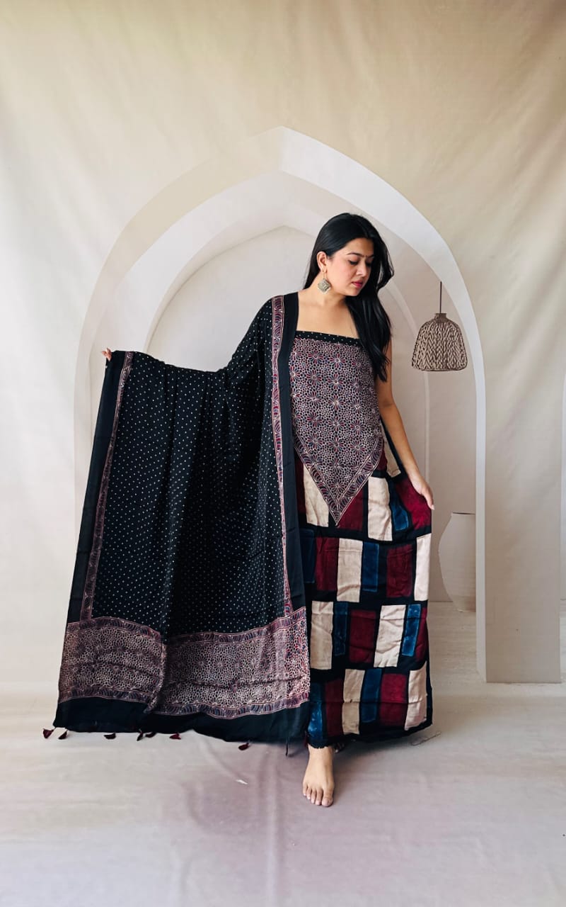 Silk Ajrakh Hand Block 2-Piece Suit