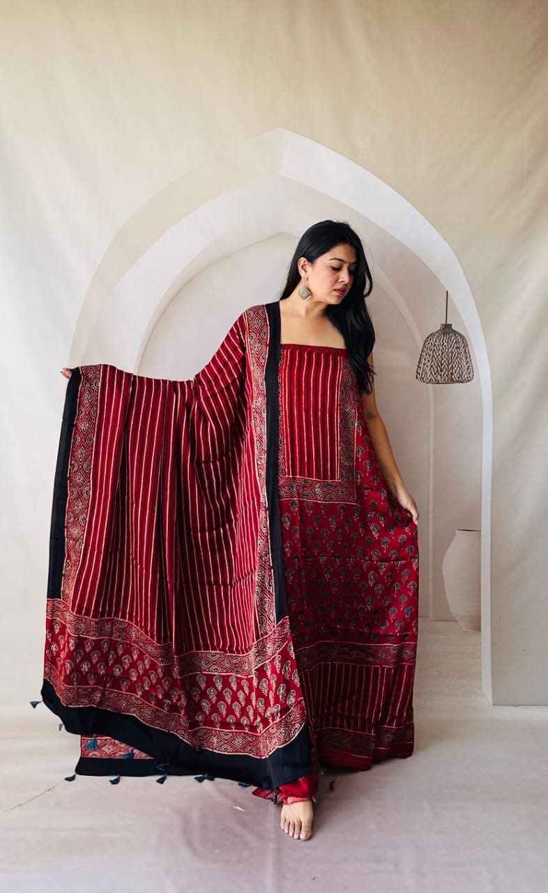 Silk Ajrakh Hand Block 2-Piece Suit