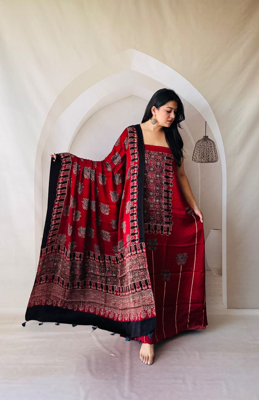 Silk Ajrakh Hand Block 2-Piece Suit