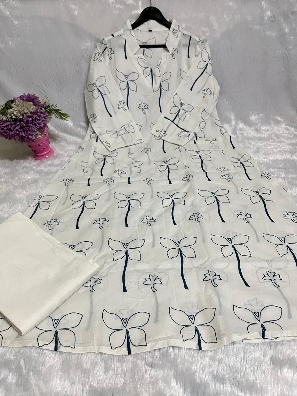 Pure Cotton Kurti with Self-Print & Palazzo Set