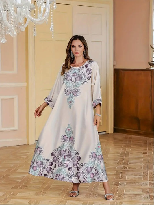 Elegant Floral Print Long Sleeve Abaya Dress