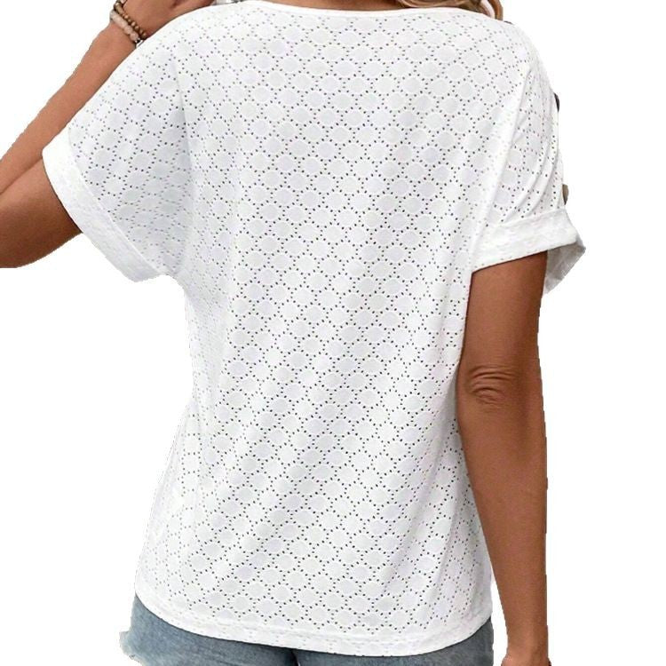 Button Solid Color Circle Loose Short Sleeve T-shirt For Women
