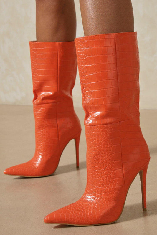 Crocodile Pattern High Heel Mid Boots for Women