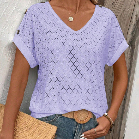 Button Solid Color Circle Loose Short Sleeve T-shirt For Women
