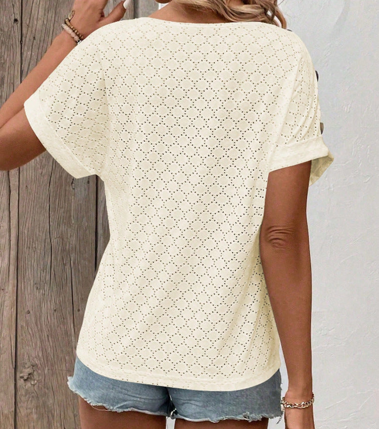 Button Solid Color Circle Loose Short Sleeve T-shirt For Women