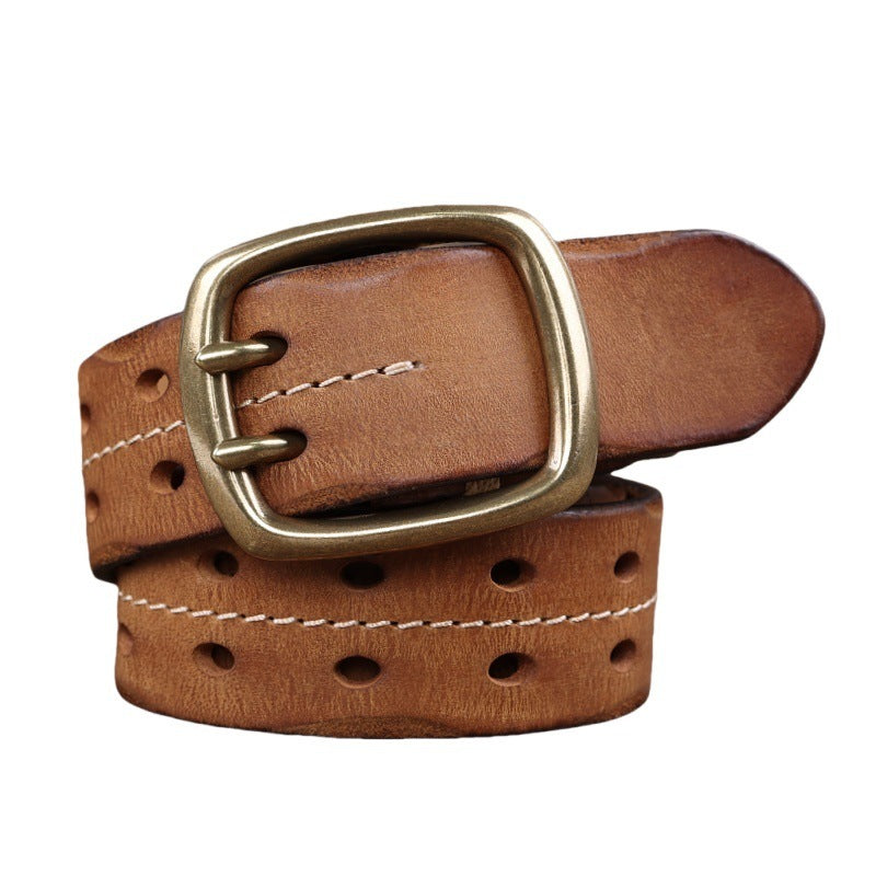 Retro Personalized Double Needle Brass Buckle First Layer Cowhide Stitching Men's Leather Belt