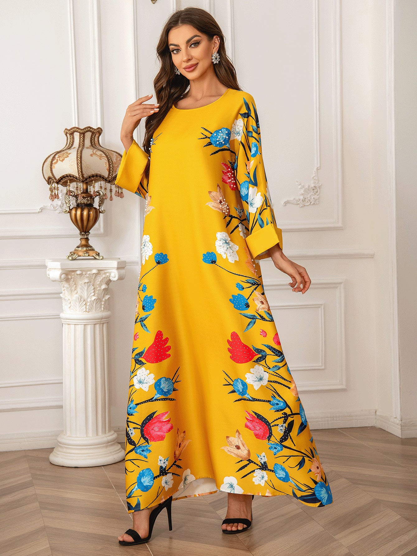 Printed Diamond Detail Women's Robe Abaya