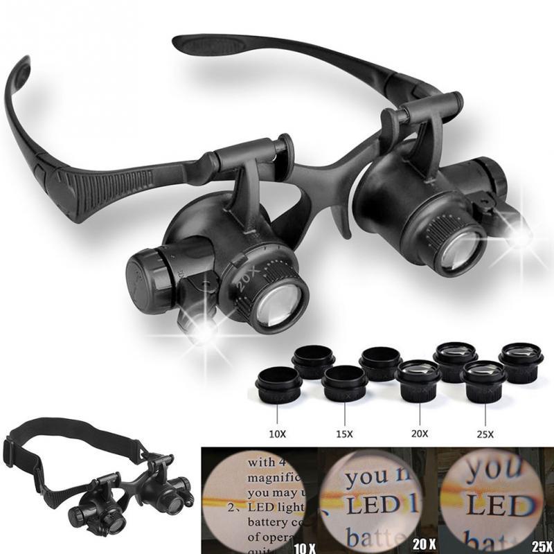LED Double Eye Magnifier Glasses – 10X to 25X Interchangeable Lens with Headband for Precision Work