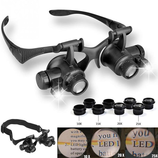 LED Double Eye Magnifier Glasses – 10X to 25X Interchangeable Lens with Headband for Precision Work