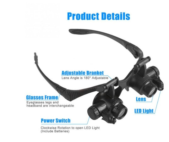 LED Double Eye Magnifier Glasses – 10X to 25X Interchangeable Lens with Headband for Precision Work