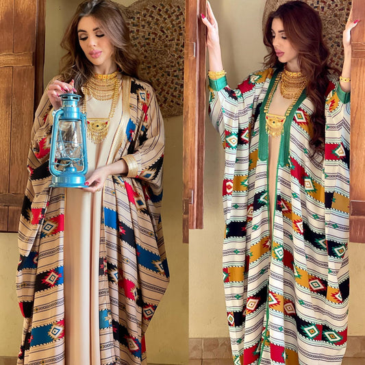 Striped Batwing Sleeve Two-Piece Abaya Set