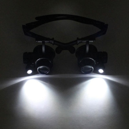 LED Double Eye Magnifier Glasses – 10X to 25X Interchangeable Lens with Headband for Precision Work