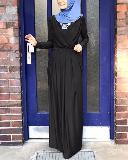 Elegant V-Neck Floor-Length Abaya Dress with Folds