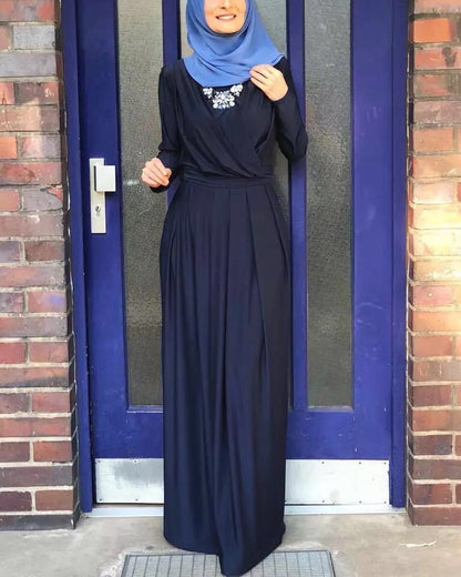 Elegant V-Neck Floor-Length Abaya Dress with Folds
