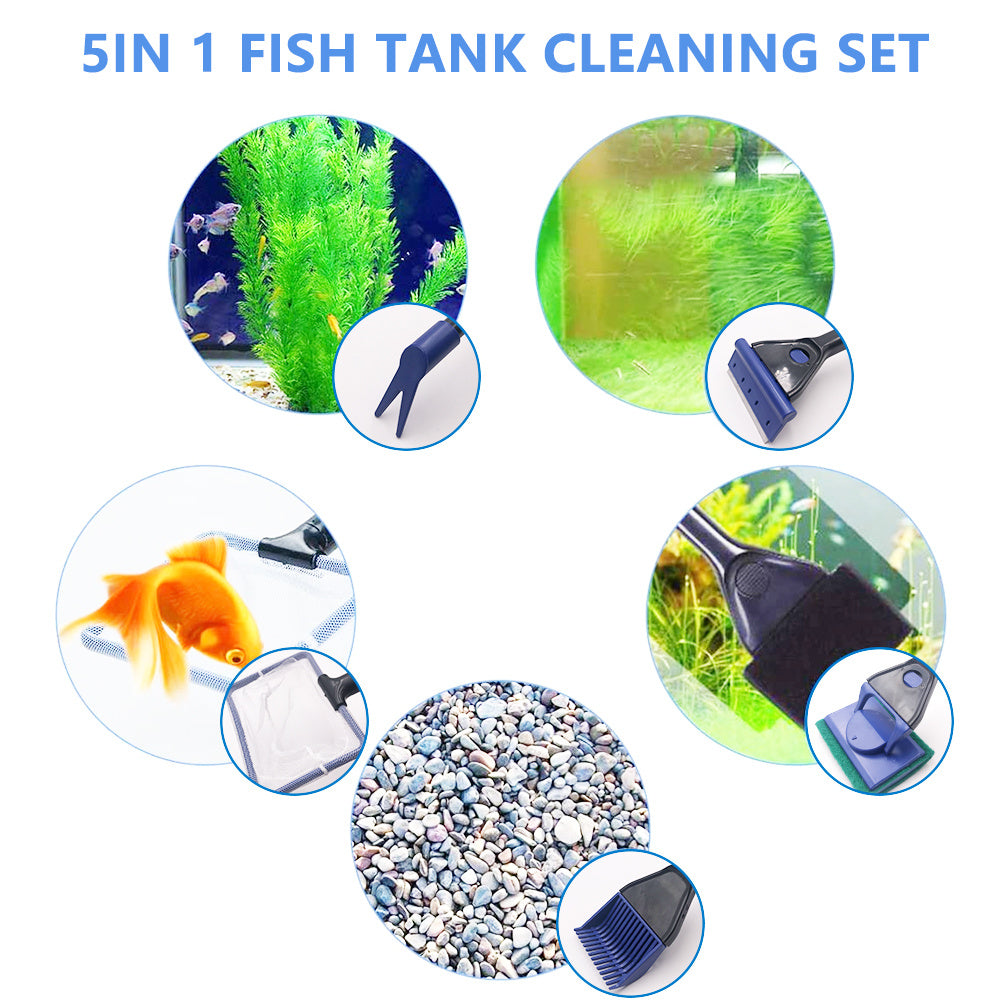 5-in-1 Aquarium Cleaning Tool – Net, Scraper, Sponge, Fork & Gravel Rake – Extendable 52-60cm