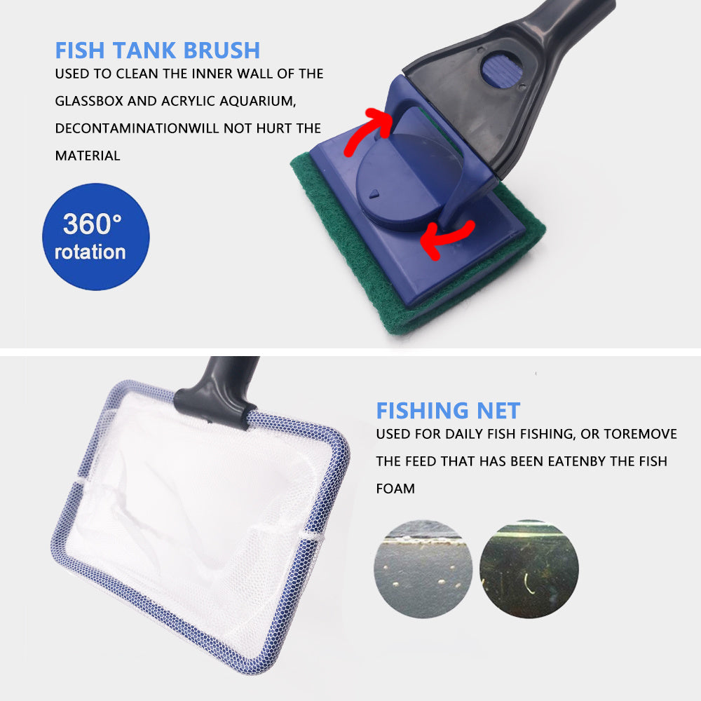 5-in-1 Aquarium Cleaning Tool – Net, Scraper, Sponge, Fork & Gravel Rake – Extendable 52-60cm