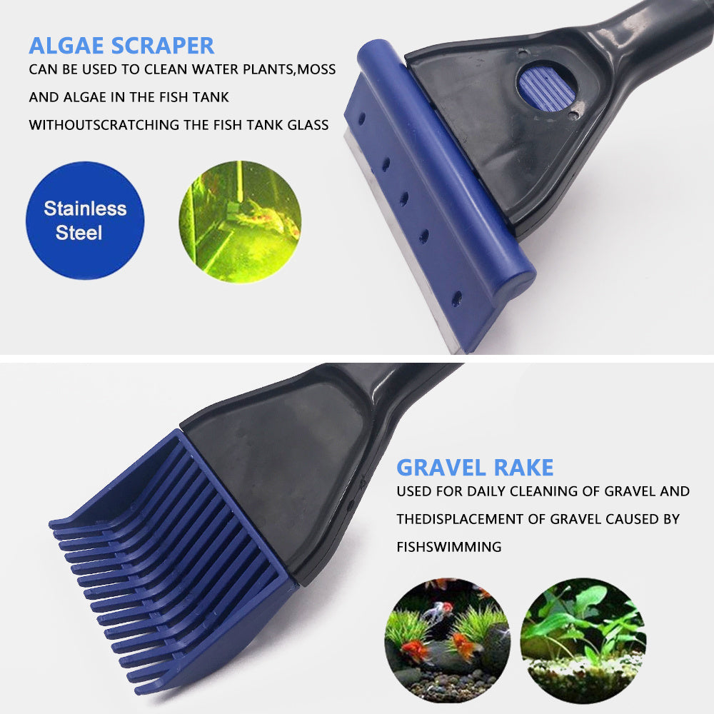 5-in-1 Aquarium Cleaning Tool – Net, Scraper, Sponge, Fork & Gravel Rake – Extendable 52-60cm