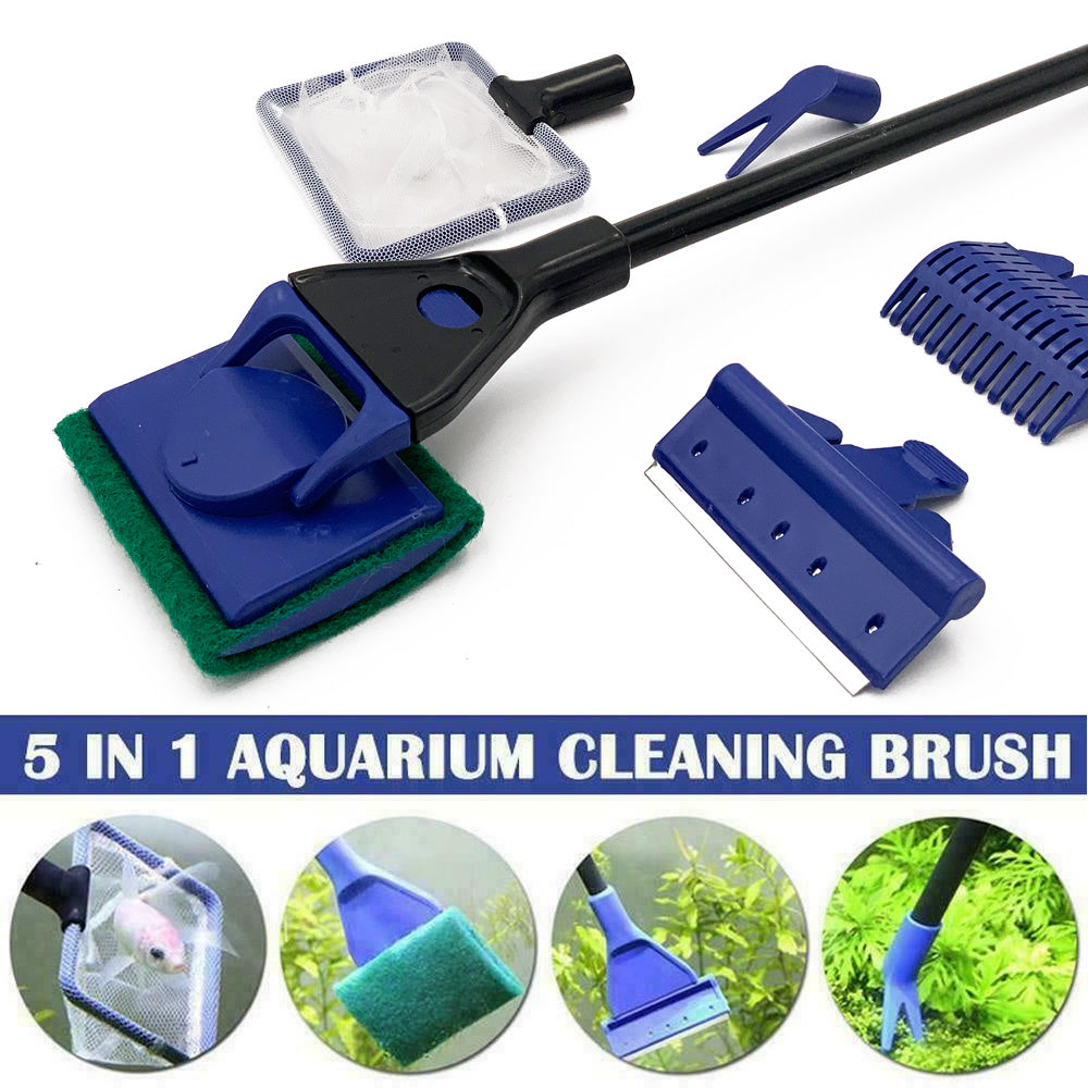 5-in-1 Aquarium Cleaning Tool – Net, Scraper, Sponge, Fork & Gravel Rake – Extendable 52-60cm