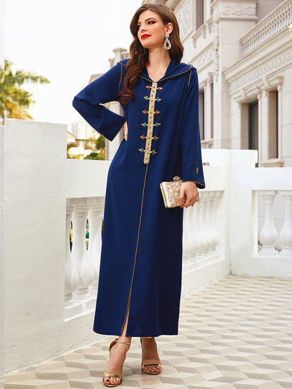 Navy Gold-Rimmed Hooded Robe Abaya for Women