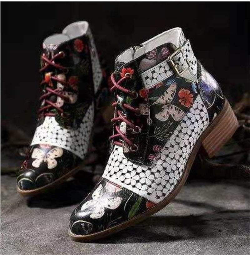 Color matching flower foreign style women's short boots